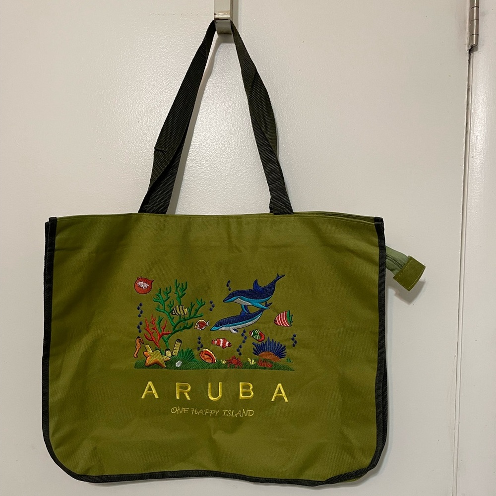 Aruba Avocado Green Embroidered Sea life Large vacation Travel Beach Tote bag
